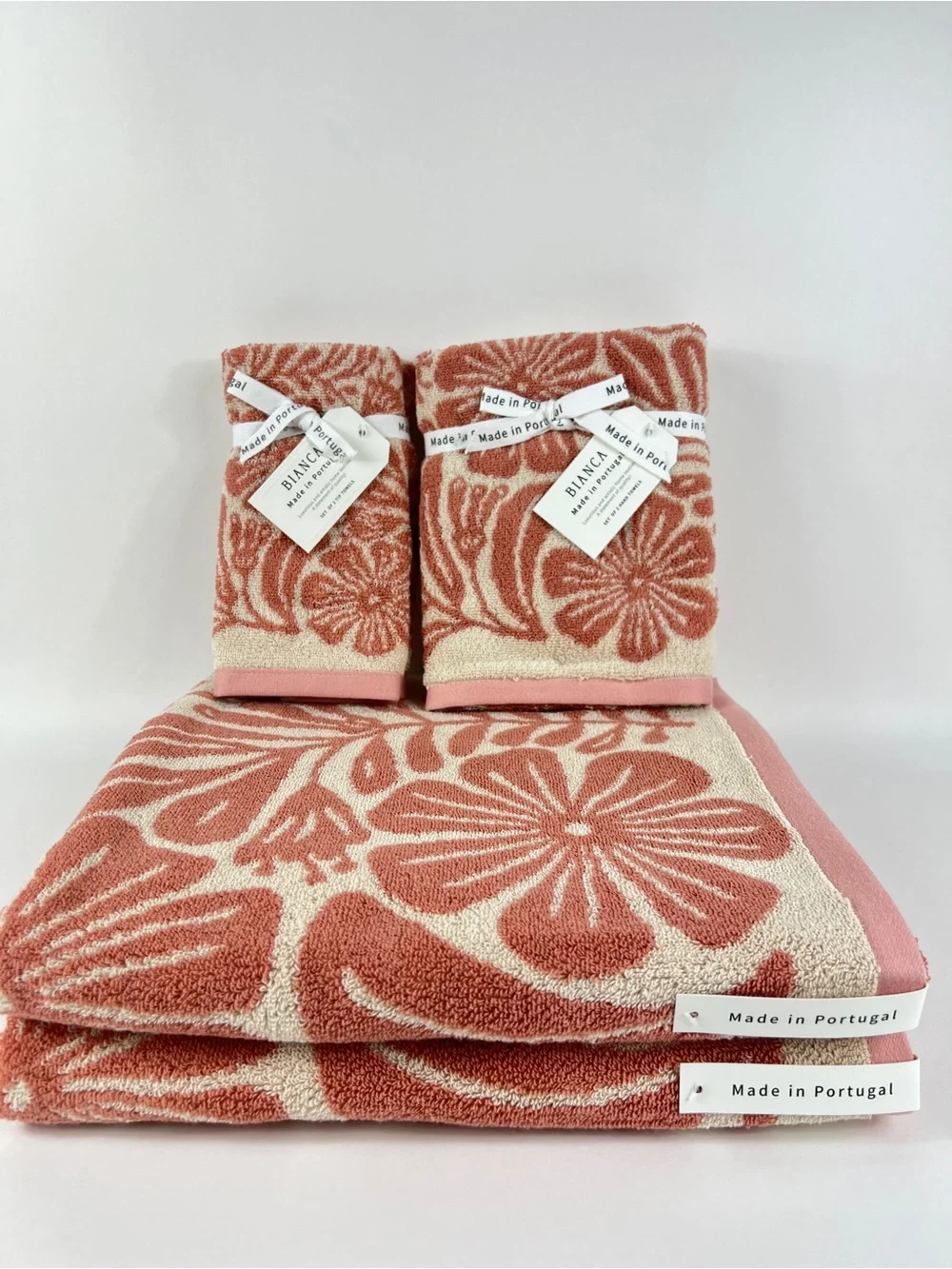 Bianca Bath Towel Set Bold Floral Design Pink Cream Cotton Portugal 6 Pc NEW